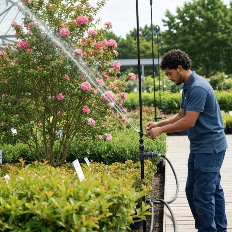Commercial irrigation system maintenance with technician inspecting sprinkler heads in a lush landscape