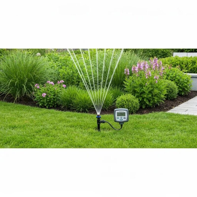 Modern irrigation system with smart controllers in a lush garden setting