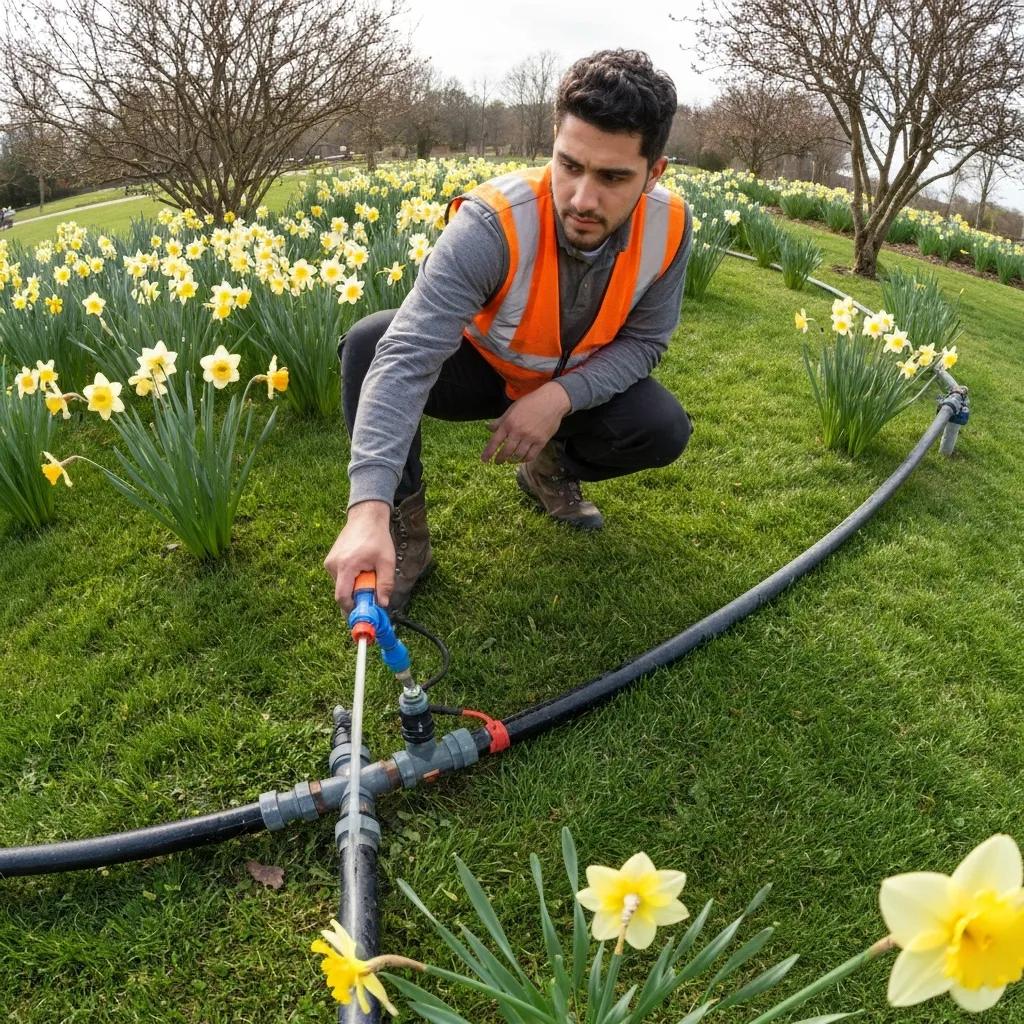 Technician performing seasonal maintenance on a commercial irrigation system in spring